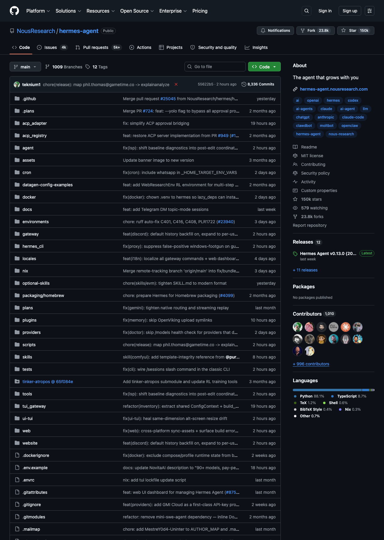 NousResearch/hermes-agent GitHub repo 主頁，6k stars、24k forks、1.5k contributors、Python 為主