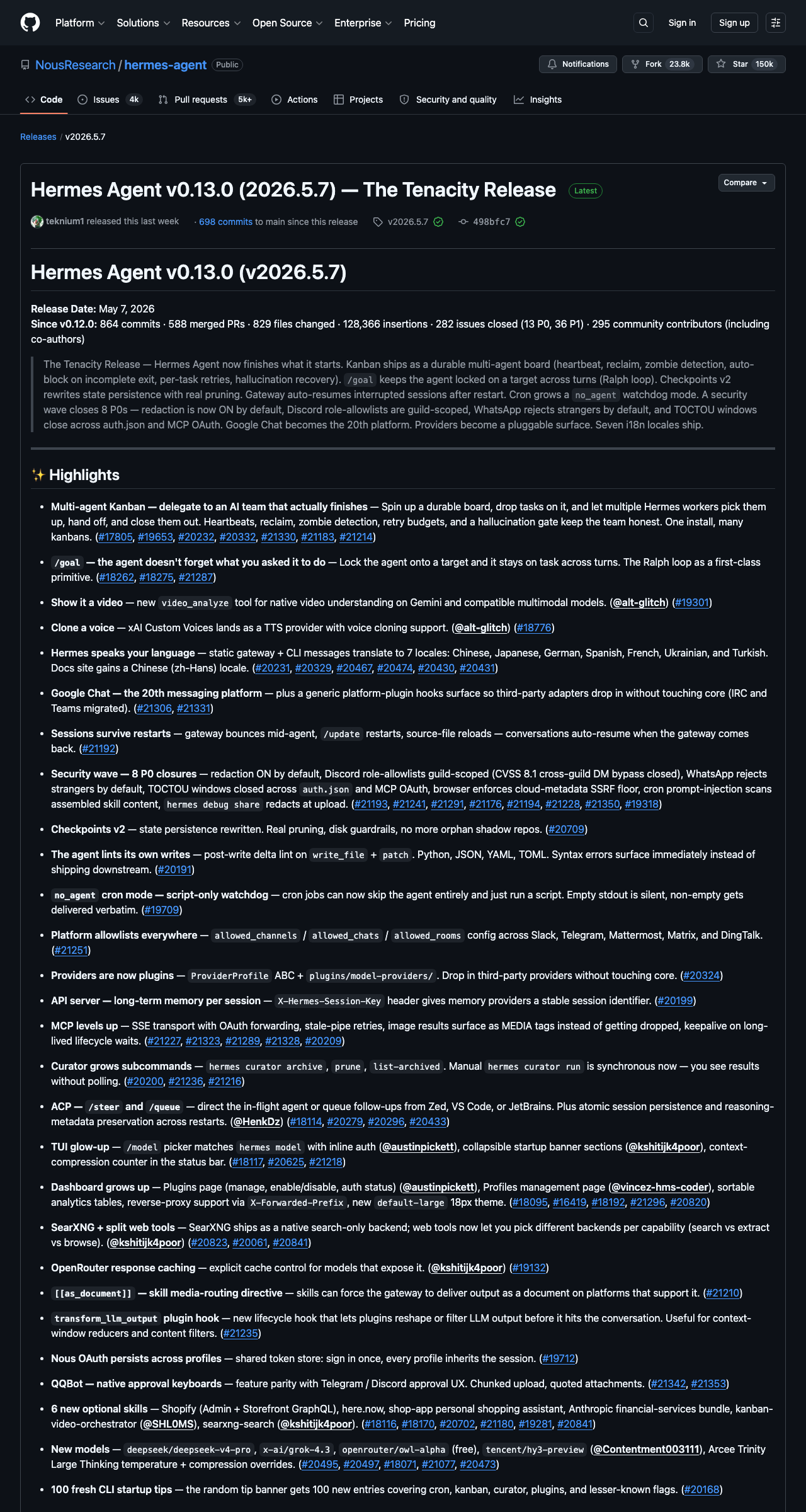Hermes Agent v0.13.0 (2026.5.7) — The Tenacity Release 的 GitHub release 頁面，128.5k 行新增、282 個 contributors