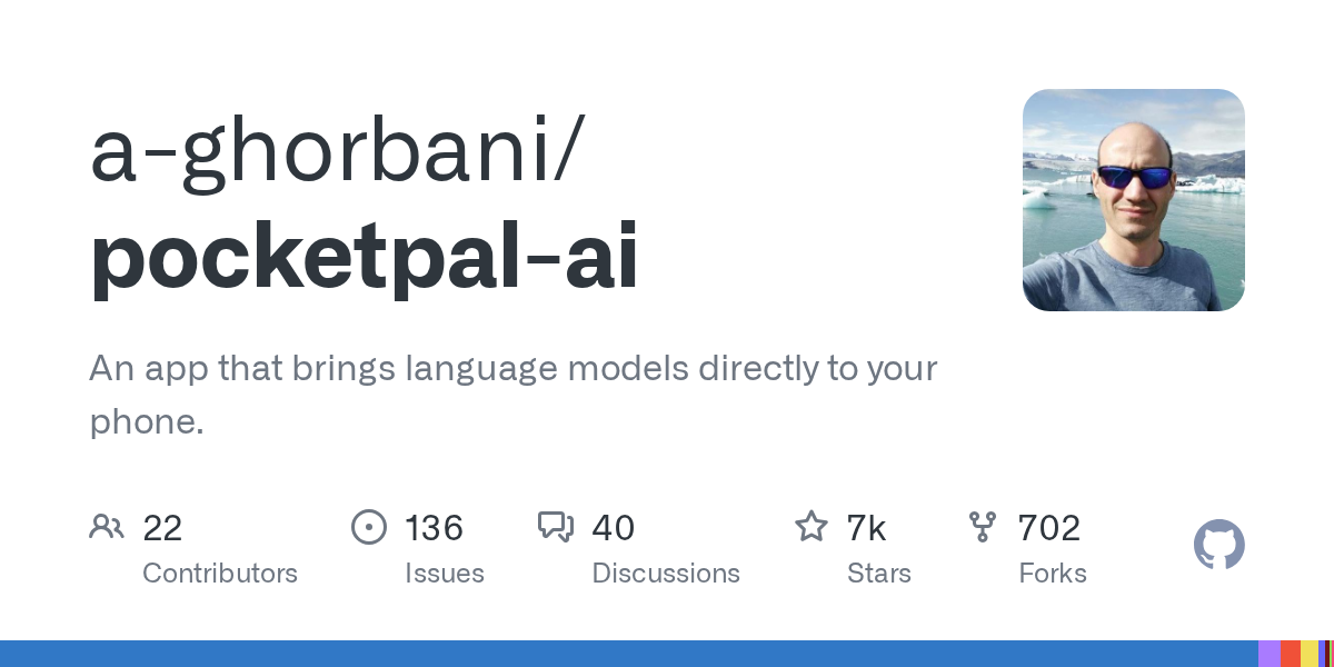 PocketPal AI GitHub repo 首頁，本地手機 LLM 開源 app
